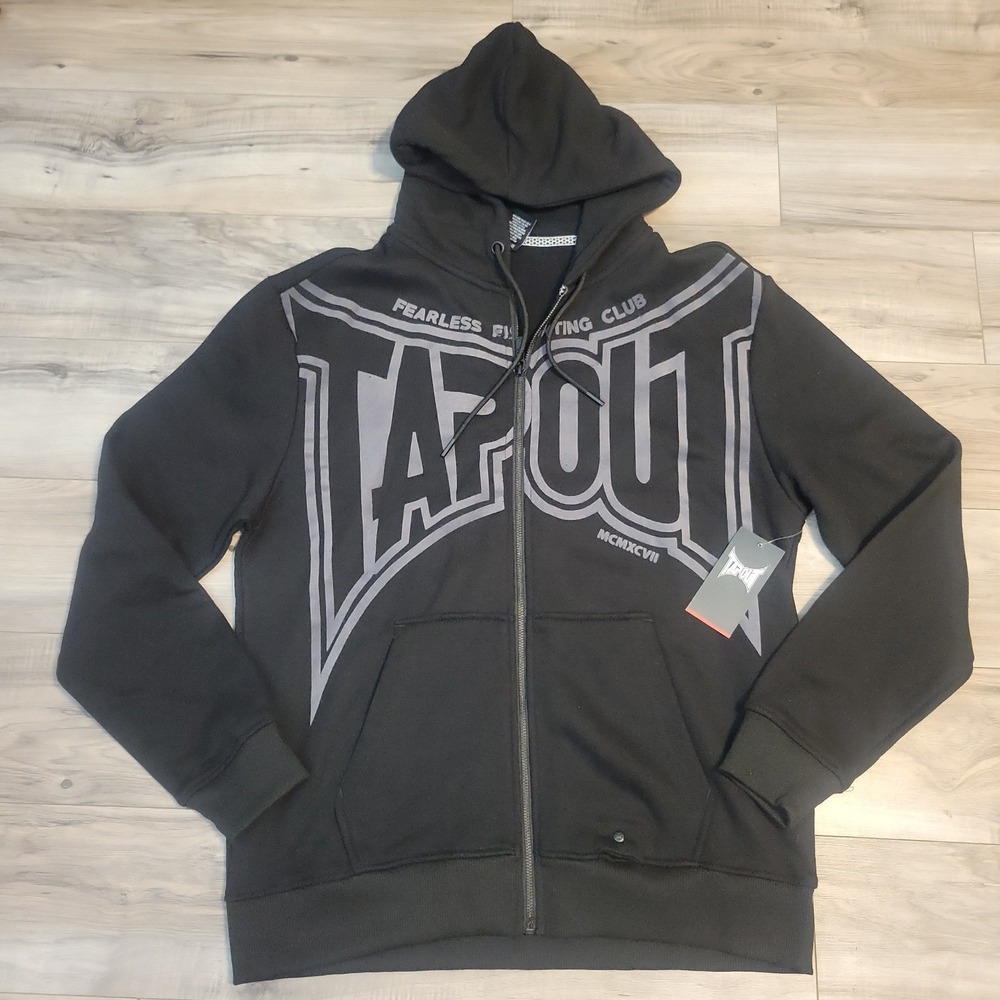 Tapout Mens Hoodie Black Large Graphic MMA Sweatshirt Y2K Full Zip Skate Grunge